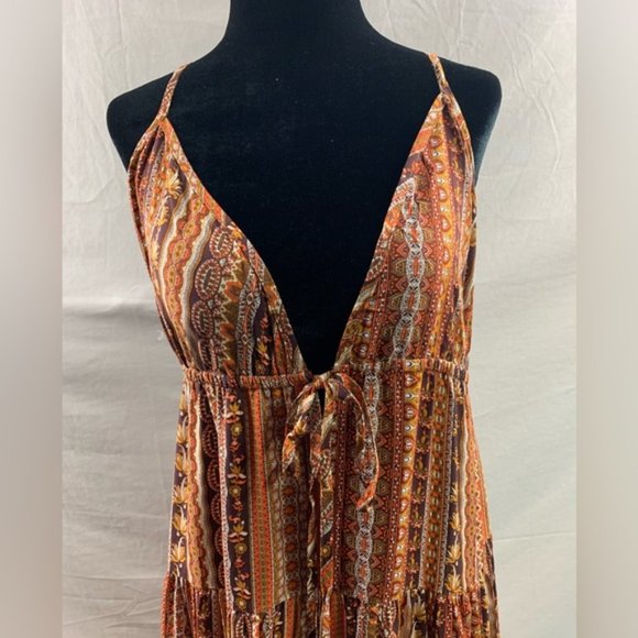 Boho Rust Tribal Print Split Thigh Tie Backless Dress - Picture 10 of 11